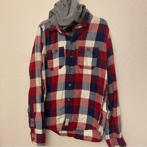 Hollister Men's Red white Blue Plaid Long Sleeve Button Up hoodie 100% cotton S